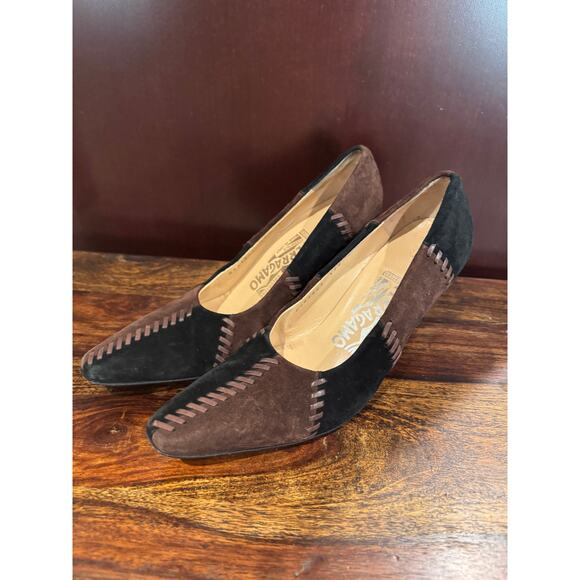Ferragamo Color Block Patchwork Heels – Black & Brown Suede – Size 6 - Picture 2 of 7